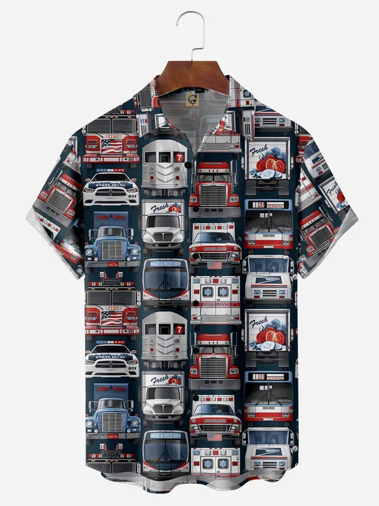 Vintage Car Chest Pocket Short Sleeve Casual Shirt
