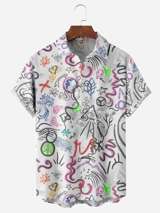 Graffiti Chest Pocket Short Sleeve Casual Shirt