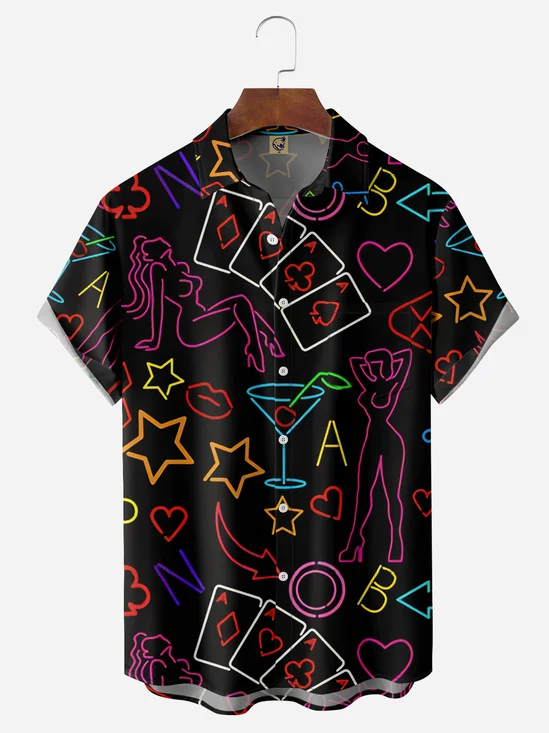 Poker Symbols Chest Pocket Short Sleeve Hawaiian Shirts