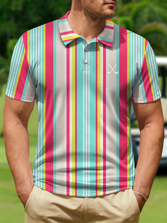 Geometric Stripe Button Short Sleeve Golf Polo Shirt