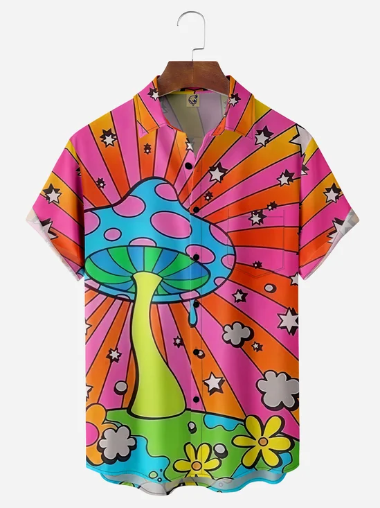 Hippie Mushroom Chest Pocket Short Sleeve Casual Shirt