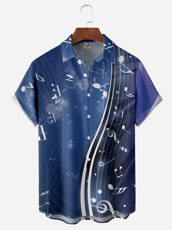 Music Notes Chest Pocket Short Sleeve Casual Shirt