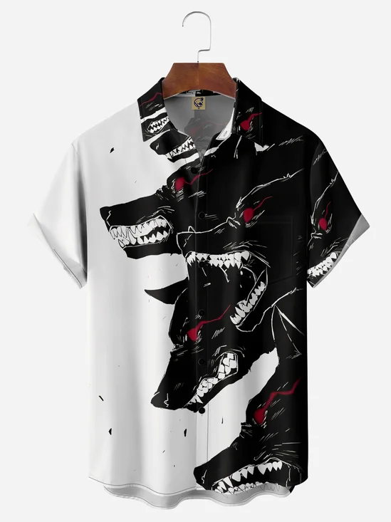 Wolf Print Chest Pocket Short Sleeves Casual Shirts