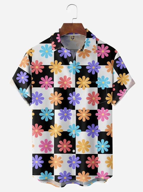 Floral Checkerboard Chest Pocket Short Sleeve Hawaiian Shirt