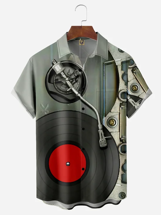 Vinyl Record Player Chest Pocket Short Sleeve Casual Shirt