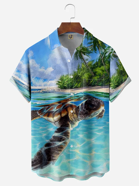Marine Life Sea Turtle Chest Pocket Short Sleeve Hawaiian Shirt