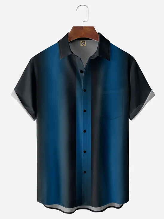 Gradient Color Chest Pocket Short Sleeve Bowling Shirt