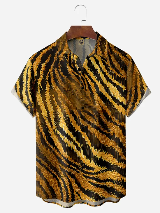 Tiger Fur Print Chest Pocket Short Sleeve Hawaiian Shirt