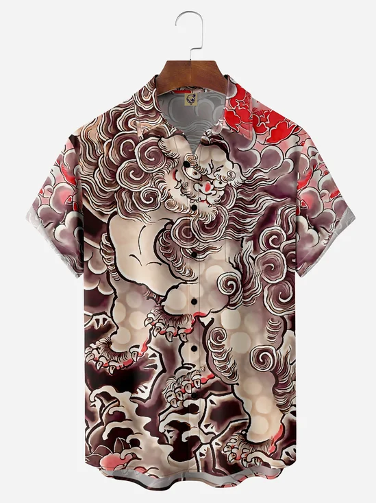 Ukiyo-e Lion Chest Pocket Short Sleeves Casual Shirt