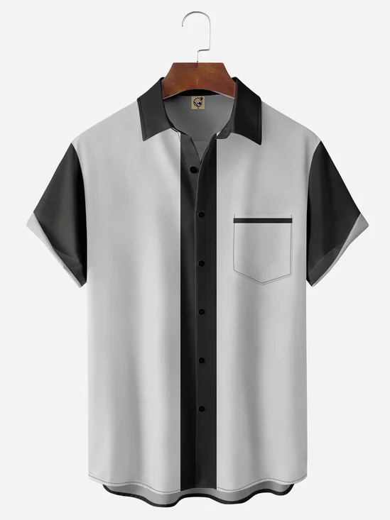 Striped Chest Pocket Short Sleeve Bowling Shirt