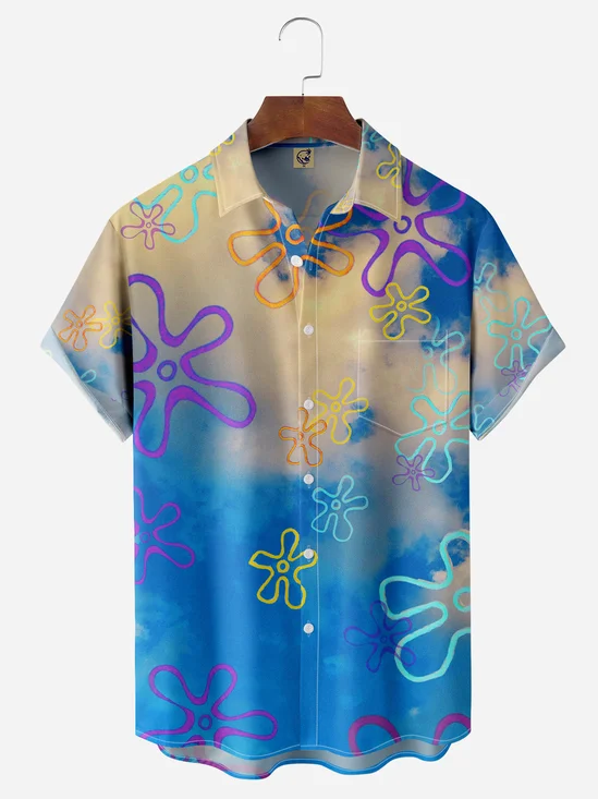 Sky Geometric Flowers Chest Pocket Short Sleeve Hawaiian Shirt