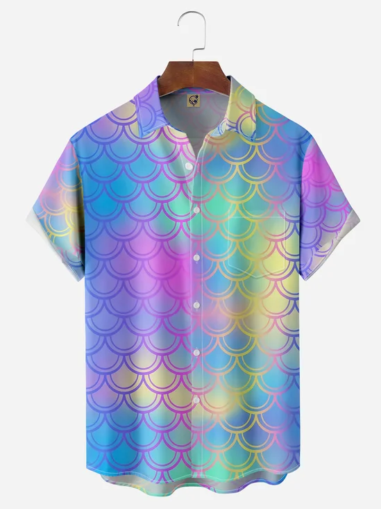 Ombre Mermaid Scale Chest Pocket Short Sleeve Casual Shirt