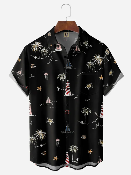 Lighthouse Coconut Tree Chest Pocket Short Sleeve Hawaiian Shirt