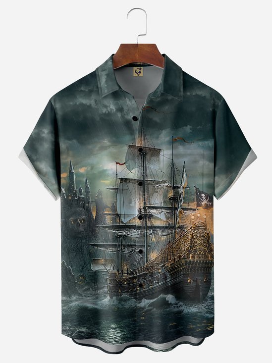 Hardaddy Nautical Button Down Shirts Corsair Chest Pocket Short Sleeve Hawaiian Shirt