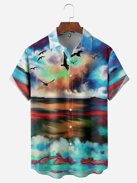 Abstract Sea Wave Chest Pocket Short Sleeve Hawaiian Shirt