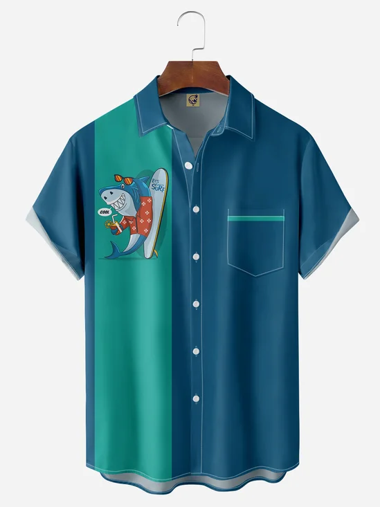 Surfing Shark Chest Pocket Short Sleeve Bowling Shirt