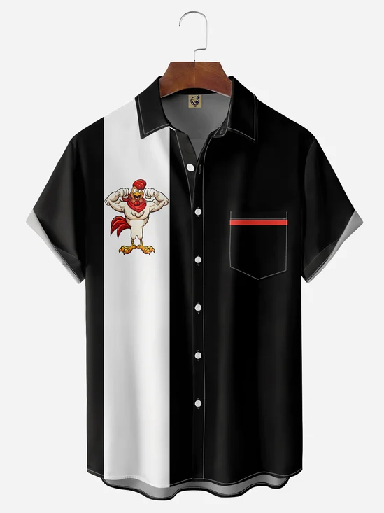 Hardaddy Rooster Chest Pocket Short Sleeve Bowling Shirt