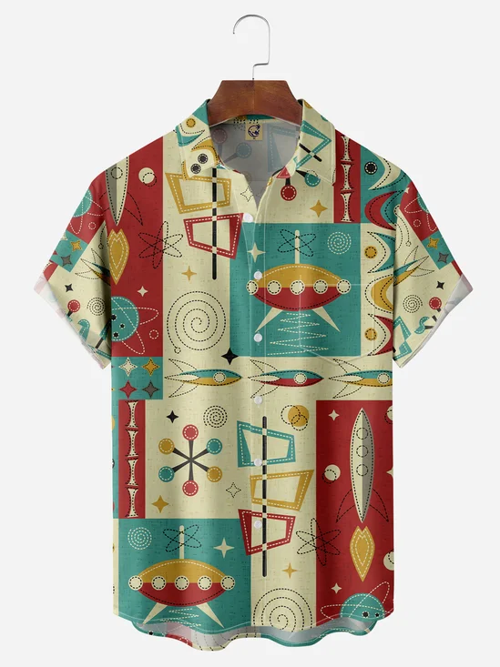 Mid-Century Rocket Chest Pocket Short Sleeve Casual Shirt