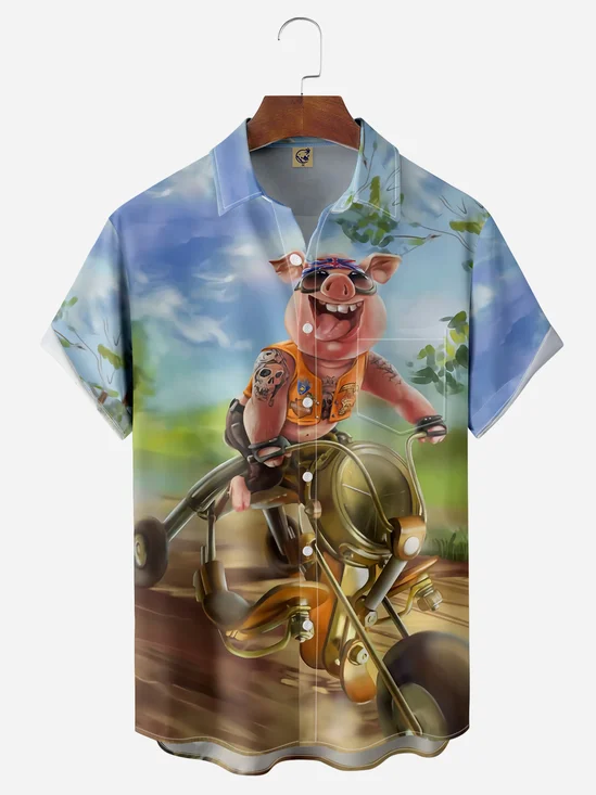Moto Pig Chest Pocket Short Sleeve Casual Shirt