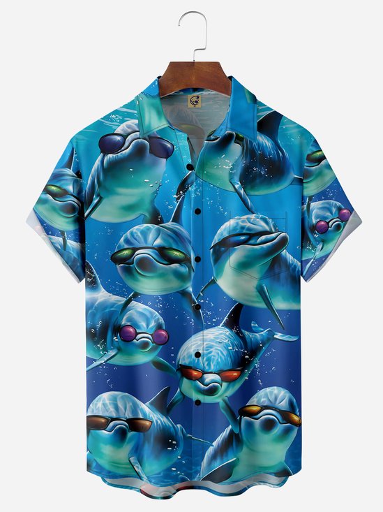 Dolphin Chest Pocket Short Sleeve Hawaiian Shirt