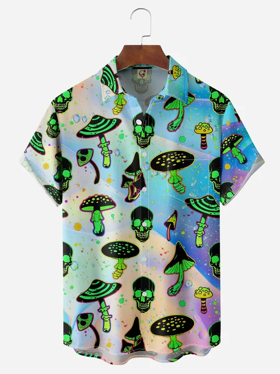 Hippie Mushroom Chest Pocket Short Sleeve Casual Shirt