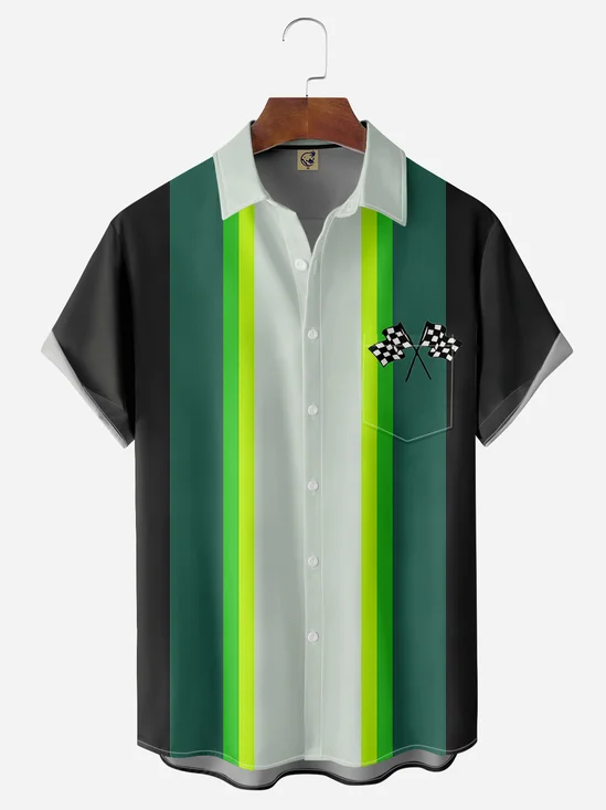 Racing Flag Chest Pocket Short Sleeve Bowling Shirt