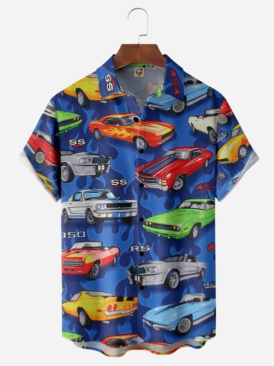 Hardaddy Vintage Sports Car Chest Pocket Short Sleeve Casual Shirt