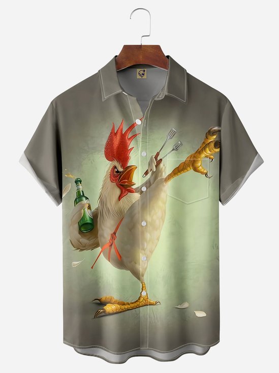 Hardaddy Kung fu Rooster Chest Pocket Short Sleeve Casual Shirt