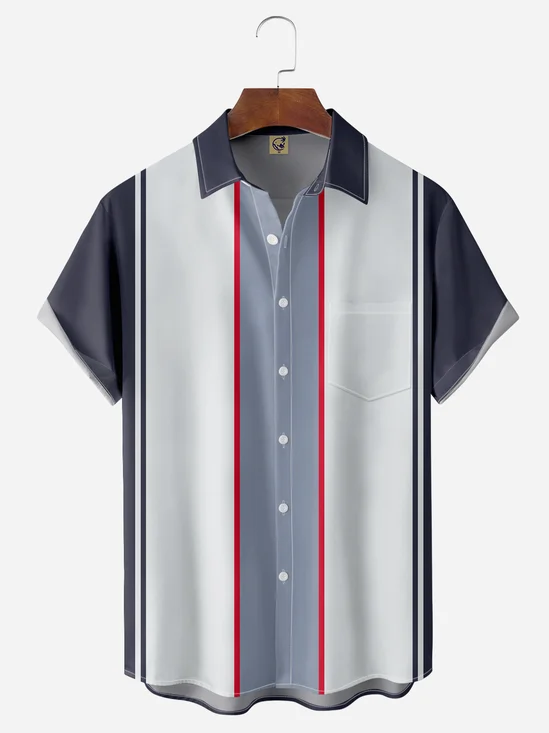 Stripes Chest Pocket Short Sleeve Bowling Shirt