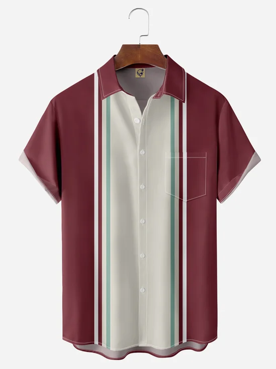 Stripes Chest Pocket Short Sleeve Bowling Shirt