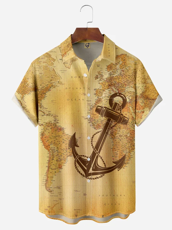 Map Ship Anchor Chest Pocket Short Sleeve Hawaiian Shirt
