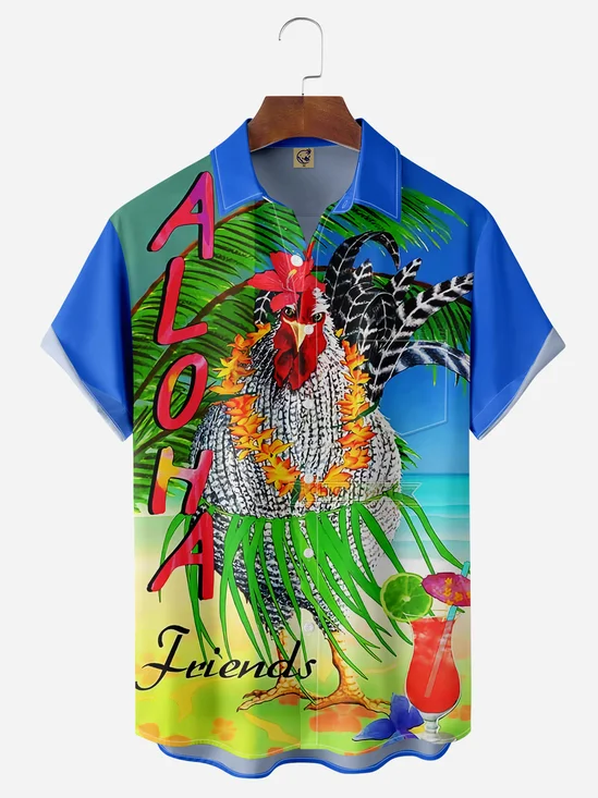 Hardaddy Beach Fun Rooster Chest Pocket Short Sleeve Hawaiian Shirt