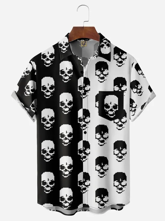 B&W Skulls Chest Pocket Short Sleeve Casual Shirt