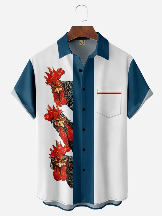 Hardaddy Fun Rooster Chest Pocket Short Sleeve Bowling Shirt