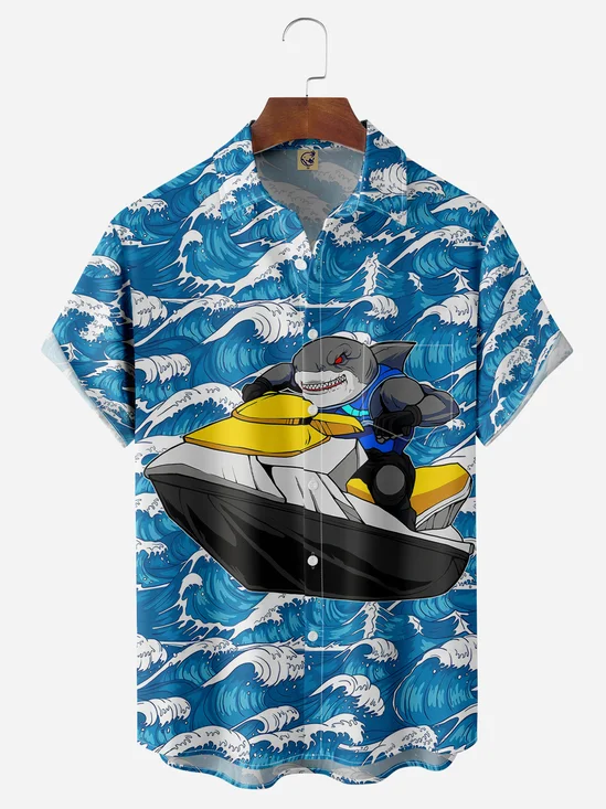 Cartoon Shark Chest Pocket Short Sleeve Hawaiian Shirt