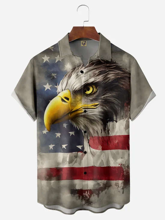 American Flag Eagle Chest Pocket Short Sleeve Casual Shirt