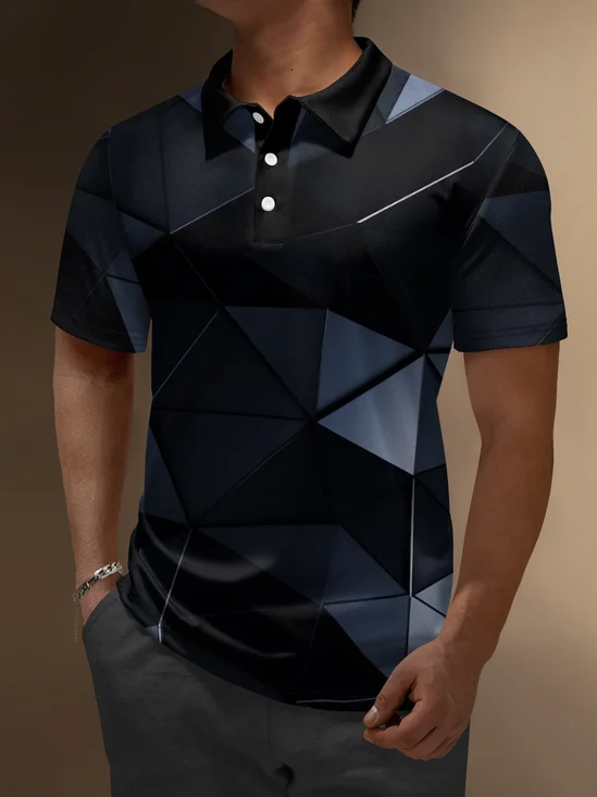 3D Geometric Button Short Sleeve Polo Shirt