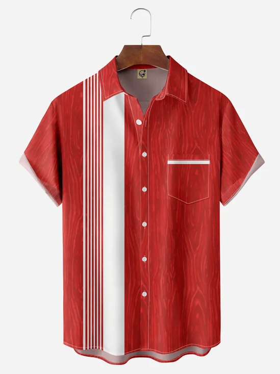 Wooden Shading Chest Pocket Short Sleeve Bowling Shirt