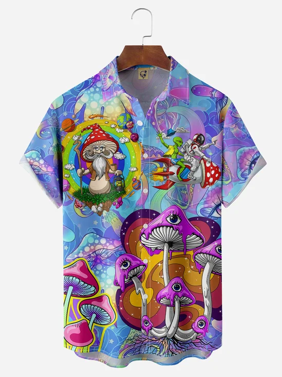 Hippie Mushrooms Music Chest Pocket Short Sleeve Shirt