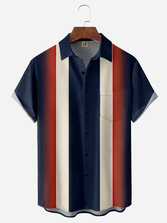 Striped Gradient Chest Pocket Short Sleeve Bowling Shirt