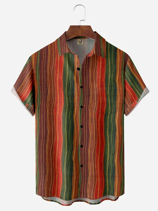 Vintage Striped Chest Pocket Short Sleeve Casual Shirt