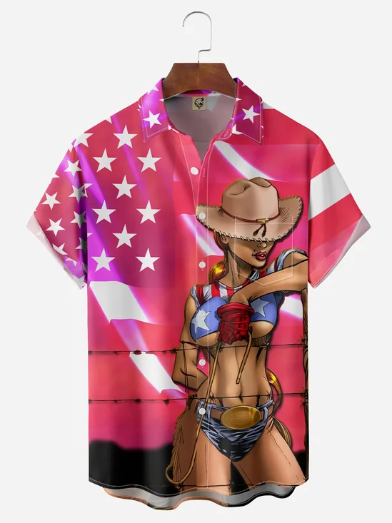 American Flag Western Cowboy Chest Pocket Short Sleeve Casual Shirt