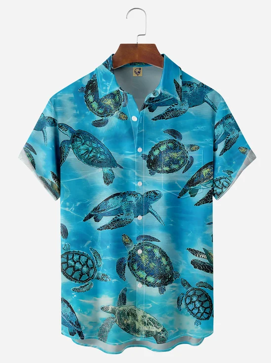 Sea Turtle Chest Pocket Short Sleeve Hawaiian Shirt