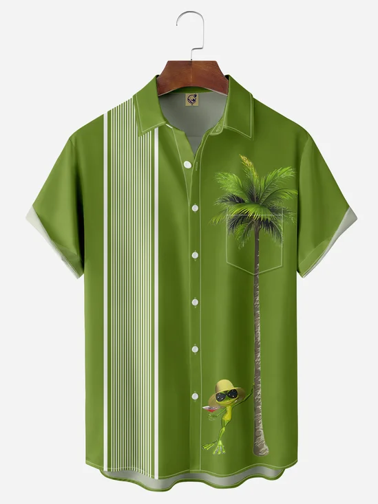 Hardaddy Coconut Tree Frog Chest Pocket Short Sleeve Bowling Shirt