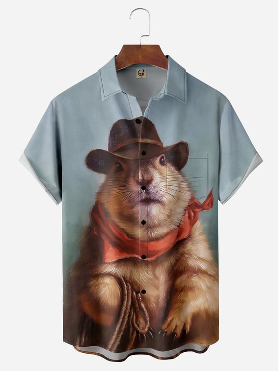 Cowboy Western Squirrel Chest Pocket Short Sleeve Casual Shirt
