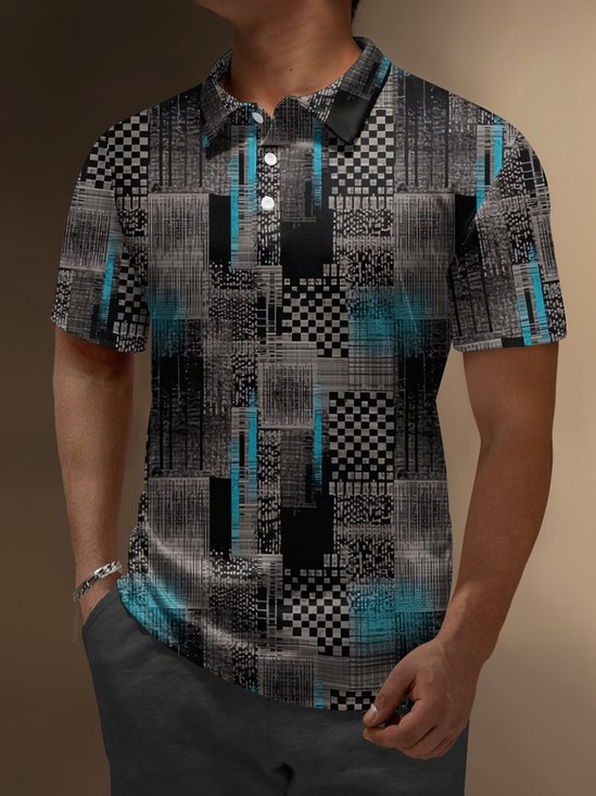 Hardaddy Abstract Geometric Button Short Sleeve Polo Shirt