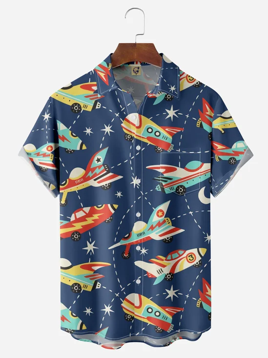 Mid Century Aircraft Chest Pocket Short Sleeve Casual Shirt