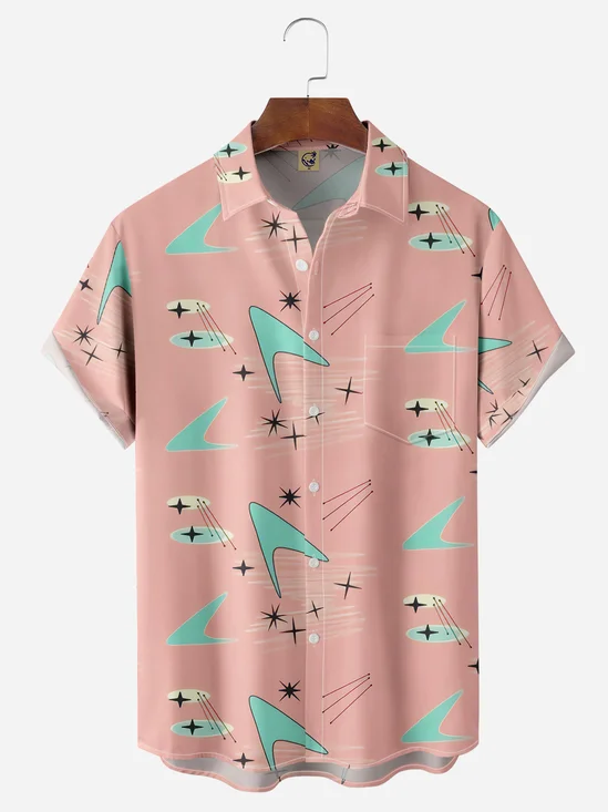 Mid Century Geometric Chest Pocket Short Sleeve Casual Shirt