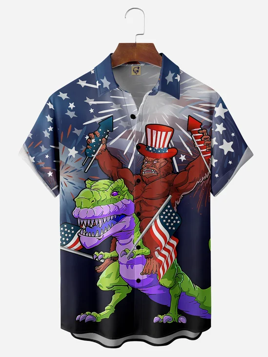 Indepndence Day Flag Dinosaur Chest Pocket Short Sleeve Shirt
