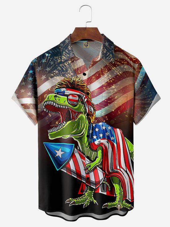 Hardaddy Indepndence Day Flag Dinosaur Chest Pocket Short Sleeve Shirt